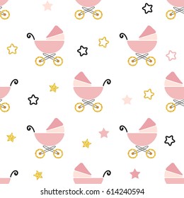 Baby shower seamless pattern. Vector background with pink carriages and stars. 