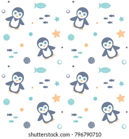 Baby shower seamless pattern White bakcgraund with cute penguins. Vector illustration.