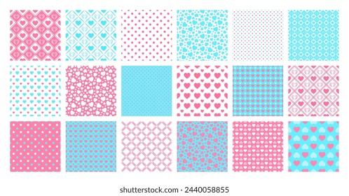 Baby shower seamless patterns set. Cute love hearts and dots vector illustration. Easter simple backgrounds collection. Heart symbol and circle template print for wrapping, textile, birthday designs.