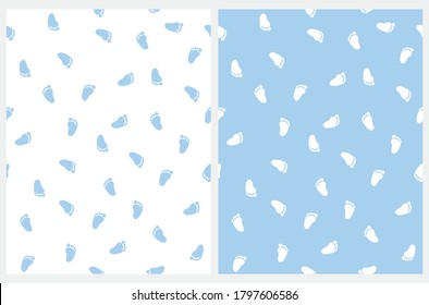 Baby Shower Seamless Vector Pattern with Blueand White Little Footprints. Blue Baby Feet Isolated on a White Background. Lovely Baby Boy Party Print.