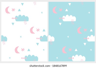 Baby Shower Seamless Vector Pattern with Abstract Cloud, Moon and Stars. Nursery Fabric. Cute Repeatable Print with Cloudy Night Sky.  Scandinavian Style Design ideal for Textile, Wrapping Paper.