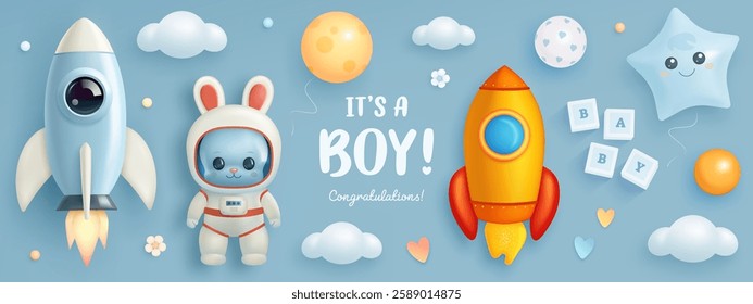 Baby shower set for boy. Baby birth vector clipart with 3d rocket and astronaut rabbit. It's a boy. Welcome baby elements. Cartoon arrival object collection