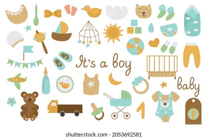 Baby shower set, it's a boy. Crib, diaper, carousel, toys, pacifier, bottle, flags, airplane, socks. ball. Vector illustration of the child's first items