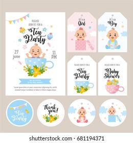 Baby Shower set. Card, label and poster for printing. Illustration with baby and different childish elements. Invitation template for kids party and birthday.