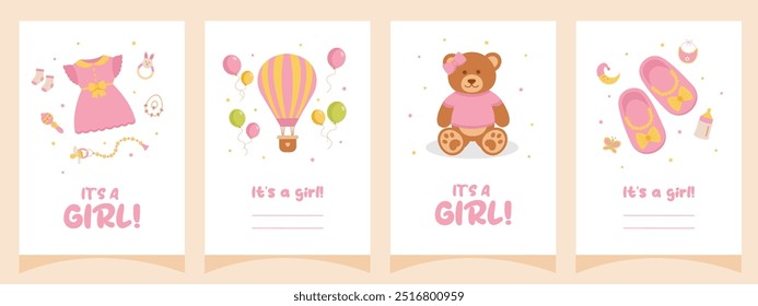 Baby shower set of cards, posters, invitations. It's a girl. Template for party invitations, posters, greeting cards, social media.