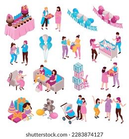 Baby shower set with celebration symbols isometric isolated vector illustration