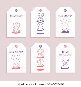 Baby shower. Set of cute hand drawn tags with funny characters - little rabbit and baby carrot. Cartoon style templates for greeting and happy mum party invitation, gift tags, cards, labels, badges.