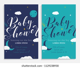 Baby shower set. Cute invitation cards design for baby shower party. Template design for boy. Star boy and space theme.