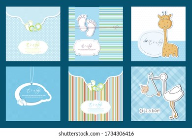Baby shower set. Cute invitation cards for girl baby shower party. Vector collection on white and pink colors.