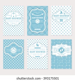 Baby shower set. Cute invitation cards for boy baby shower party. Vector collection on white and blue colors.
