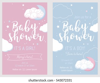 Baby shower set. Cute invitation cards design for baby shower party. Template design for girl and boy