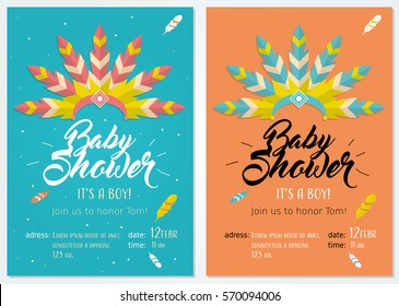 Baby shower set. Cute invitation cards design for baby shower party with illustration of headdress for native american indian chief. For boy. Two colors variations.