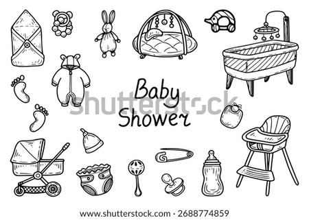 Baby shower set elements. Hand drawn doodle vector. Baby items, clothes, toys, bassinet, pacifier, high chair, stroller, blanket, rattle. Line art illustration.