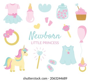 La ducha de bebé es un conjunto de elementos para las vacaciones de una princesa recién nacida. Vestido, unicornio, botas, torta, ganado. Ilustración vectorial en colores pastel delicados, para diseño y decoración