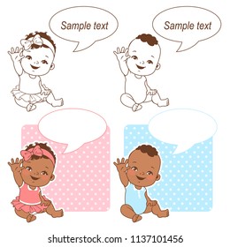 Baby shower set. Baby girl and baby boy with blank text bubble. Say hello mom or day. It's a boy, it's a girl card. Dark skin children. Ethnic baby. Color and monochrome outline vector illustration.