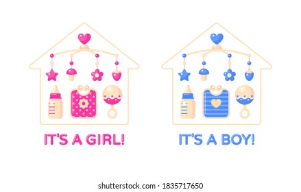 Baby shower set. It's a girl, it's a boy design with milk bottle, bib, rattle and crib musical mobile. Vector isolated illustrations