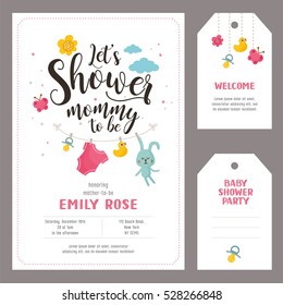 Baby Shower Set. Invitation Template With Hand Lettering, Cute Rabbit And Clouds. Labels With Letters And Kids Illustration.