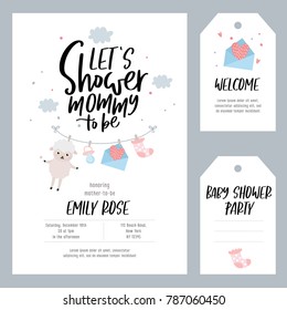 Baby shower set. Invitation template with hand lettering, cute sheep and baby equipment. Labels and tags with letters and kids illustration.