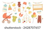 Baby shower set. Items for baby care. Flat vector isolated illustration