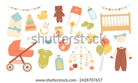 Baby shower set. Items for baby care. Flat vector isolated illustration