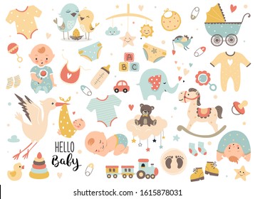 Baby shower set. Perfect for invitation, birthday greeting cards, sticker kit. Vector illustration, hand drawn style.