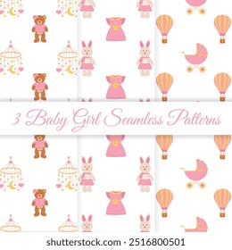 Baby shower set of seamless patterns. It's a girl. Seamless patterns with dress, baby bunny toy, air balloon, baby carriage, carousel pendant, teddy bear toy.