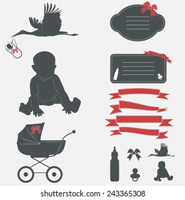 Baby shower set. Silhouette design elements, designers toolkit. Made vector illustration