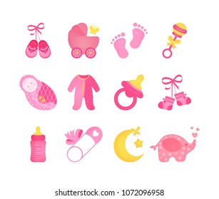 Baby Shower Set of vector design elements for a Baby Shower Party for newborn girls. Vector illustration eps 10 file.