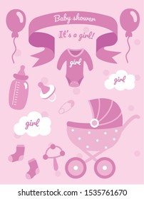 Baby Shower Set.Pink set for baby.Feeding bottle, baby stroller, socks, baby clothes