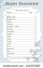 Baby Shower She said What Layout Template with Flowers Color Light Blue and Tan, Do it Yourself Word Game with Floral theme for boy and girl, Tulips and small clover leafs, mommy to be activity card