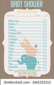 Baby Shower She said what Layout Template, Tan color Arrival date announcement Jungle Animal theme for boy and girl, Unisex mommy to be game card, Alligator, Elephant, Rhinoceros and bird tower