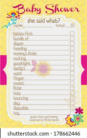 Baby Shower She said What Layout Template with Spring Wild Flowers Yellow and Purple Color, Do it Yourself Word Game with Floral theme for girls, retro background pattern, mommy to be activity card