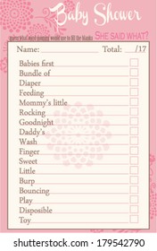 Baby Shower She said what Layout Template with Spring Round Flowers and decorative fern, Pink Color Do it Yourself  Game with Floral theme for girl, mommy to be activity card