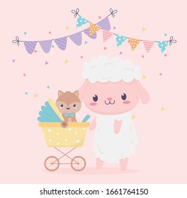 baby shower sheep with squirrel in pram card cartoon decoration vector illustration
