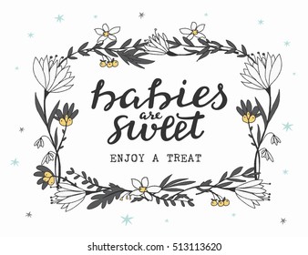 Baby Shower Sign Decoration With Grey And White Flowers And Branches. Hand Lettering