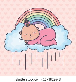 baby shower sleeping little girl cloud rainbow vector illustration