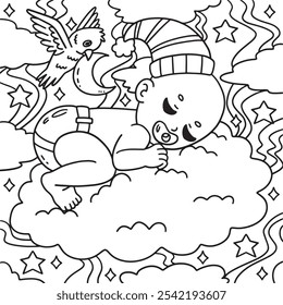 Página para colorear de Baby Shower Baby Sleeping on Clouds