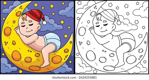 Baby Shower Baby Sleeping on the Moon Illustration