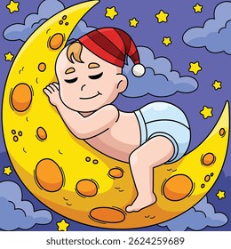 Baby Shower Baby Sleeping on Moon Colored Cartoon 
