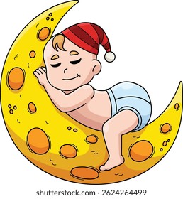 Baby Shower Baby Sleeping on Moon Cartoon Clipart 