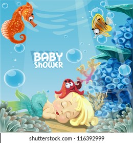 Baby shower and sleeping sweet newborn mermaid
