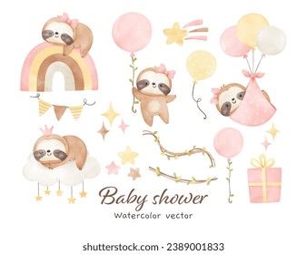 Baby shower sloth watercolor Decoration nursery birthday girl Print for invitation card Poster Template