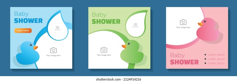 Baby shower social media post, square banner set, toddler hygiene salon advertisement concept, bathing toys marketing ad, modern creative flyer, isolated on background.