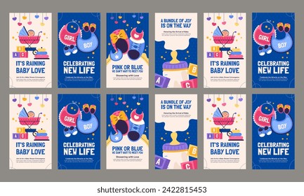 baby shower social media stories vector flat design set