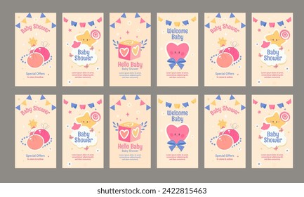 baby shower social media stories vector flat design set