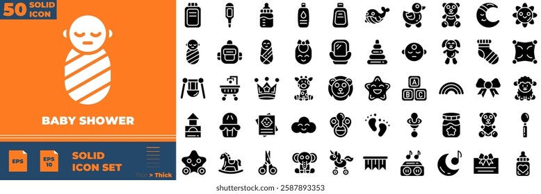 Baby Shower Solid Editable Icons set. Vector illustration in modern thin solid style of baby shower icons: baby, toy, bottle, etc