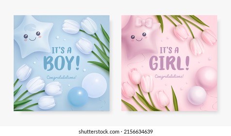 Baby shower square banner with cartoon balloons and realistic tulips on pink and blue background. It's a girl. It's a boy. Vector illustration
