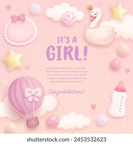 Baby shower square card or invitation with cartoon toys and helium balloons and on pink background. It's a girl. Vector illustration