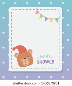 baby shower square card with little bear teddy and garlands