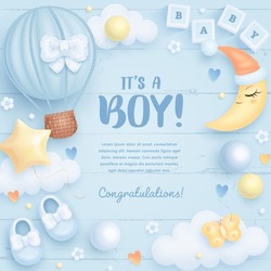 Baby Shower Square Invitation, Card, Banner With Cartoon Hot Air Balloon, Shoes, Crescent Moon And Helium Balloons On Blue Background. It's A Boy. Vector Illustration